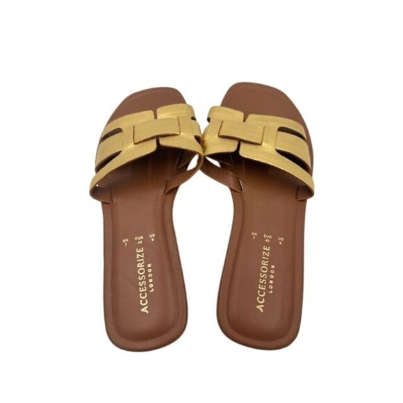 NWT Accessorize London Gold Slide Sandals size 9 Womens Faux Leather Flat Summer - Picture 3 of 5